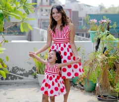Hand Painted Red and White Polka Dot Mother Daughter Twinning Dress Set
